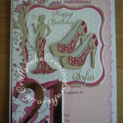 A4 Fashion/shoe themed 21st Birthday Card made using various dies including;Memory Box Gwyneth Flourish die, Tattered Lace Olivia die, Cheery Lynn High Heeled Steam Punk Shoe dies, Cheery Lynn Delicate Lace Script alphabet dies, Sizzix Bigz Sassy Serif Numbers dies, Britannia dies Happy Birthday sentiment, Jus Cutz nesting labels dies and Tattered Lace Ditsy Dots embossing folder. Woodware crafty edger tag border punch used for insert. - craftybabscreativecrafts.co.uk