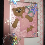 Fairy Bear Christmas card made using Craftycat custom made wooden New Bear die, Toffee Bear outfit die, Quickutz 4x4 snowflake die, Sizzix originals butterfly #3 die and Cuttlebug snowflake embossing folder - craftybabscreativecrafts.co.uk