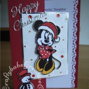 Minnie Mouse Christmas card made using Cuttlebug Disney Minnie Mouse Cut & Emboss die, Cuttlebug Disney Santa's List Cut & Emboss die, Britannia dies Happy Christmas sentiment die and Dovecraft Me To You Winter wonderland embossing folder - craftybabscreativecrafts.co.uk