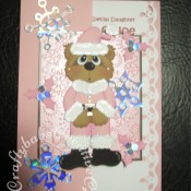 Santa Bear Christmas card made using Craftycat custom made wooden Scruffy Bear die and Santa outfit die, Quickutz 4x4 snowflake die, Sizzix originals holly and berries die and Cuttlebug snowflake embossing folder - craftybabscreativecrafts.co.uk