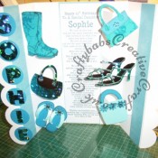 Large Pop Up Shoes & Bags themed 21st Birthday card made using Sizzix Originals Shadow Box alphabet dies, circle dies and custom made wooden handbag, shoe and wellingtons dies. Card Blank from Kanban. - craftybabscreativecrafts.co.uk