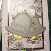 Silver Wedding Bells wedding card made using Marianne circle frame die set for flowers and flourishes, Sizzix originals large bell die and Memory Box Alphabet soup upper case and lower case dies. - craftybabscreativecrafts.co.uk