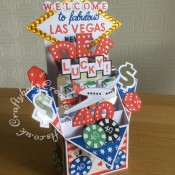 Las Vegas Themed Pop Up 40th Birthday card made using numerous dies including; Sizzix originals Shadow Box Alphabet, punctation and number dies, Sizzix sizzlits Marie Cole Design Game Set for poker chips, Sizzix - 1950s Collection - Thinlits Die - Lucky Bowling, Memory Box Alphabet Soup Capitals die (for Las Vegas), Tattered Lace Alphabet Bunting Die Set ACD197 (for welcome mounted onto circles cut with small circle die) Britannia dies alphabet (for to fabulous), Die-Versions MARKER MICRO Font Die (for Nevada), Sizzix - 1950s Collection - Thinlits Die - Rock 'n Roll Sundae set for dice and cherries and nesting diamond dies. Playing cards are from a mini set of cards I had in Christmas cracker and finally, the aeroplane was cut using the Xcut Build a scene All aboard round the world dies - craftybabscreativecrafts.co.uk