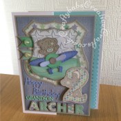 2nd Birthday Card for a little boy, made using Trimcraft's Tiny Tatty Teddy 3d dies and matching 12"x12" papers. Also using Marianne sentiment dies, Sue Wilson sentiment dies and Sizzix sizzlits Fruit Smoothie alphabet dies - craftybabscreativecrafts.co.uk
