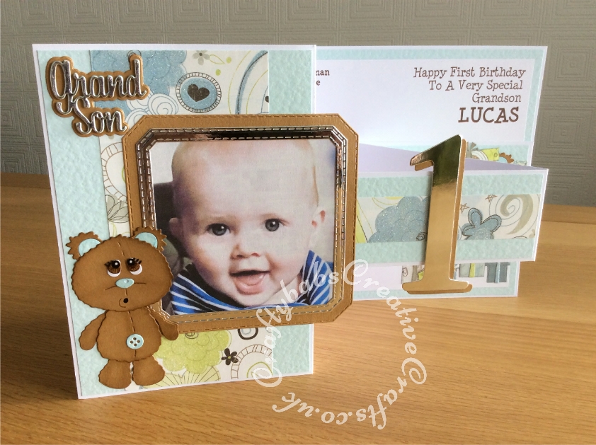 Large A4 Landscape Z fold 1st Birthday card made using Surpise Creation nested stitched Octagon square dies, Sizzix Bigz Sassy Serif Numbers dies, unbranded Bear with parcels die set, unbranded bear die and Paper Boutique Die Set Male Relations Sentiments. - craftybabscreativecrafts.co.uk