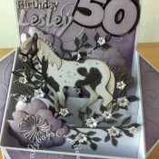 Large Pop up Box Horse themed 50th Birthay card made using various dies including; Quickutz Wildflower die set for large flowers with Cheery Lynn Designs - DIE - Build-a-Flower Embellishments # 3 die for flower stamens, Sue Wilson Finishing Touches Dies - Spring Foilage for branches and small flowers, Quickutz exclusive Remi the Horse revolution die for the horse and saddle, Sizzix Sizzlits Alphabet Script dies for name, Sizzix originals Shadow box numbers dies, Tattered Lace Sentiments 2014 (D211) dies and Paper Boutique Die Set Female Relations Sentiments. Sizzix Sizzlits, Dies Western Set 38-9847 for horse shoes and X cut A4 Embossing Folder. - craftybabscreativecrafts.co.uk