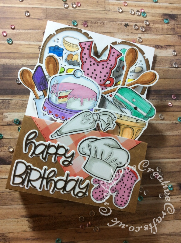 Baking themed Pop up birthday card Inspired by Sam Calcott. Mechanism made using a paper trimmer and score board rather than dies, Decorated with printed did-stamps from the Craftworld Premium members free digital stamps 'Sprinkled With Love' collection, coloured with prism brush markers and promarkers then fussy cut. Happy birthday sentiment created using Sizzix Thinlits happy birthday from the everyday sentiment die set. - craftybabscreativecrafts.co.uk