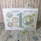 1st Birthday Card made using the following dies; Sizzix Bigz Sassy Serif Numbers, Crealies Nest-Lies Double stitch circles No 33, set of 4 Cuttlebug 2×2 Zoo animals dies, sentiment from various Tattered Lace 3 Die-mensions die sets. - craftybabscreativecrafts.co.uk