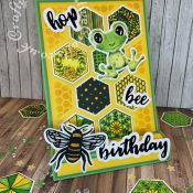 Pop up Easel Block Birthday Card. Fold inspired by Sam Calcott of Mixed up craft. Made using various dies including Sizzix Thinlits Die Set 4 Pack 663852, Bee by Lisa Jones, stamps free with issue 109 of Creative Stamping Magazine, Tattered Lace Freda Frog die and download, Bright Rosa Sentiment dies snipped to create the words 'hop' and 'bee' and nesting hexagon dies. - craftybabscreativecrafts.co.uk