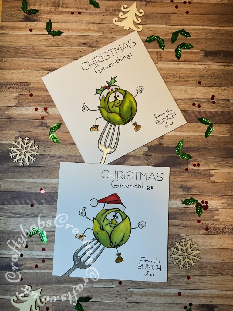 Batch made stamped Christmas cards made using Christmas Green Things Sprouts (CS250D) by Hobby Art Stamps, images stamped, heat embossed and then water coloured with Tim Holtz Distress ink reinkers, then fussy cut and embellished with glossy accents. - craftybabscreativecrafts.co.uk