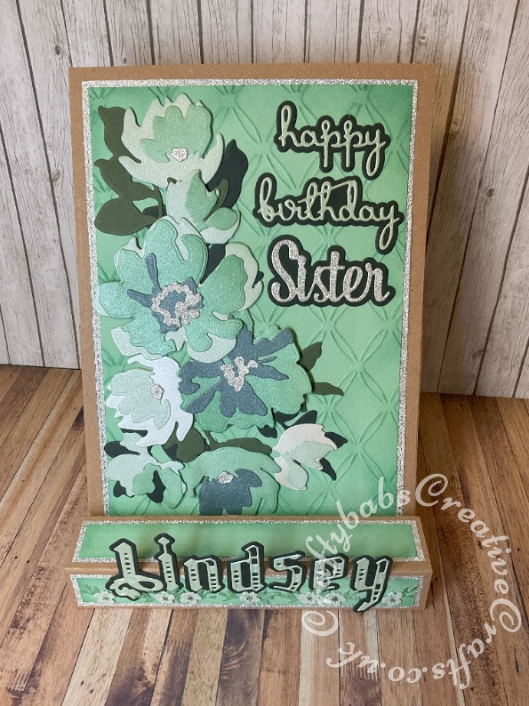 Floral Block easel card made using various dies including : Altenew Watercolour garden dies, The Paper Boutique Female relatives dies, Tattered Lace Expression of Lace lower case alphabet dies, Spellbinders Thanks Enclosed Sentiments Etched Dies and Tattered Lace Chains Embossing Folder. - craftybabscreativecrafts.co.uk