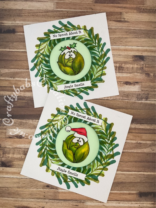 Sprout Pun Christmas cards made using sentiments printed on computer, plain nesting circle dies for apertures and stamps from:- Hobby Art 'Christmas Green Things' Stamp set for sprouts, stamps from issue 210 of Simply Cards & Papercraft magazine. - craftybabscreativecrafts.co.uk