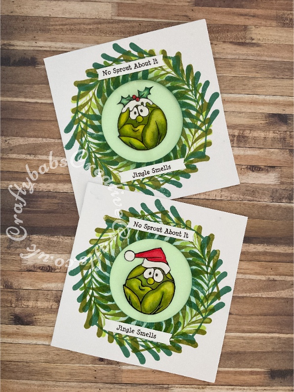 Sprout Pun Christmas cards made using sentiments printed on computer, plain nesting circle dies for apertures and stamps from:- Hobby Art 'Christmas Green Things' Stamp set for sprouts, stamps from issue 210 of Simply Cards & Papercraft magazine. - craftybabscreativecrafts.co.uk