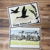 Inked background Silhouette cards for sympathy and retirement made using Tim Holtz distress inks, Tim Holtz Wildflowers Sizzix thinlits dies 661190, Paper discovery Flying geese dies. Dimension Fourth Tree stamp and various sentiment dies. - craftybabscreativecrafts.co.uk