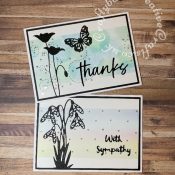 Inked background Silhouette cards for sympathy and Thanks made using Tim Holtz distress inks, Memory Box Poppy die, Tattered Lace snowdrop die and various sentiment dies. - craftybabscreativecrafts.co.uk